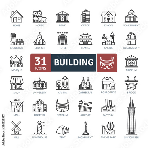 Building Icons Pack. Thin line architecture icons set. Flat icon collection set. Simple vector icons