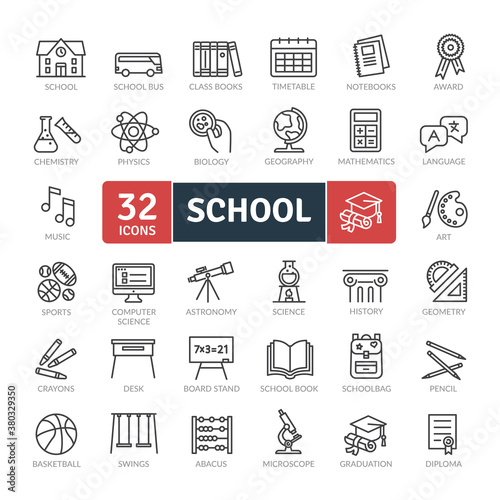 School Icons Pack. Thin line icons set. Flat icon collection set. Simple vector icons