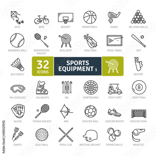 Sports Equipment Icons Pack. Thin line icons set. Flat icon collection set. Simple vector icons