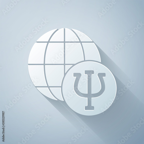 Paper cut Psychology icon isolated on grey background. Psi symbol. Mental health concept, psychoanalysis analysis and psychotherapy. Paper art style. Vector.