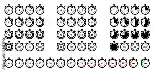 Timer, clock, stopwatch set icons. Label for sports or cooking time symbol.Time interval sign Flat vector clocks timer. Stop watch timer pictogram. Chronometer, minute, second. For sport or cook app. photo
