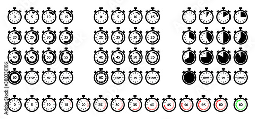 Timer, clock, stopwatch set icons. Label for sports or cooking time symbol.Time interval sign Flat vector clocks timer. Stop watch timer pictogram. Chronometer, minute, second. For sport or cook app.