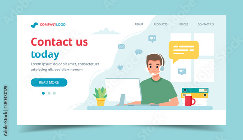 Contact us landing page. Man with headphones and microphone with computer. Concept illustration for support, assistance, call center.