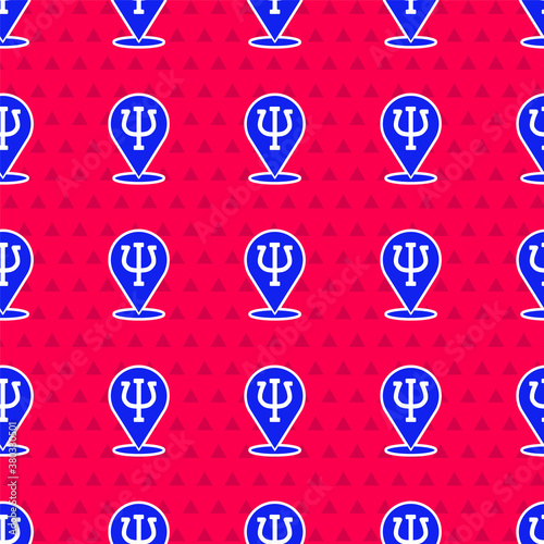 Blue Psychology icon isolated seamless pattern on red background. Psi symbol. Mental health concept, psychoanalysis analysis and psychotherapy. Vector.