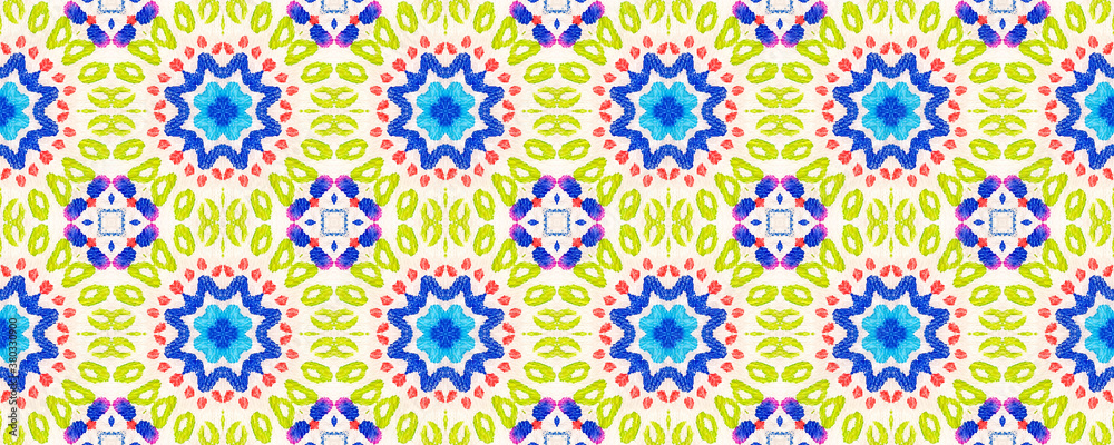 Ethnic Aztec Pattern. Abstract Kaleidoscope Motif. Blue, Pink, Red and Green Seamless Texture. Repeat Tie Dye Ornament. Ikat Russia Motif. Ethnic Aztec Hand Drawn Pattern.