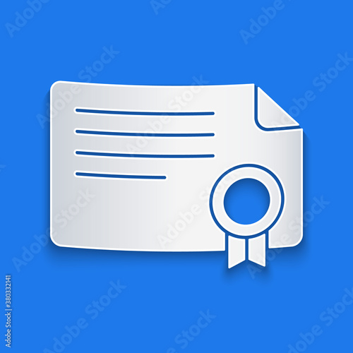 Paper cut Certificate template icon isolated on blue background. Achievement, award, degree, grant, diploma concepts. Paper art style. Vector.