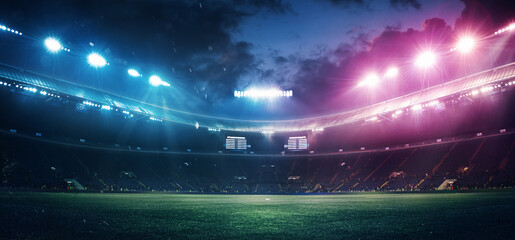 Full stadium and neoned colorful flashlights background. Flyer with copyspace in modern colors. Concept of sport, competition, winning, action and motion. Empty area for championships, your ad, design