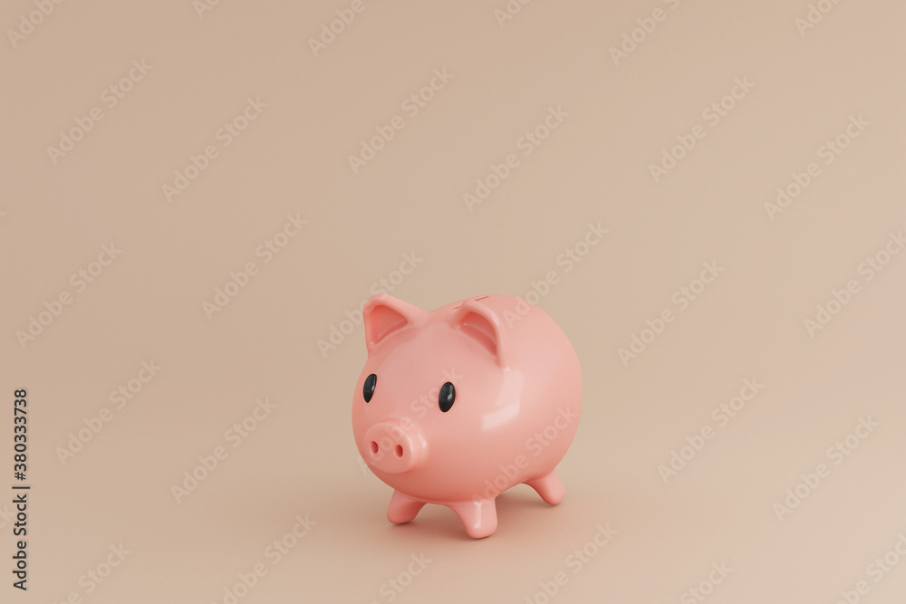 A isolated picture of a piggy bank on a pinkish cream background, it is a 3d rendering with oblique angle.