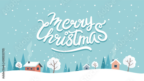 Christmas greeting card with cute landscape and lettering