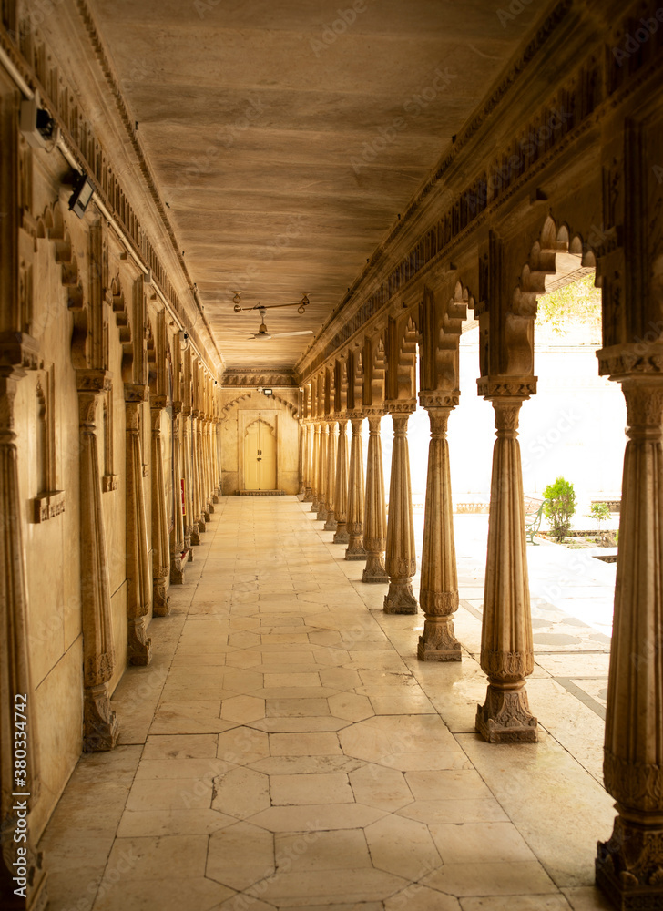 inside the City Palace Pillars in Udaipur, Rajasthan, India