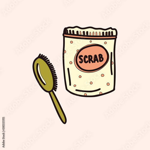 Coffee scrub and massage brush. Linear doodle style. Cellulite cosmetics. Slimming and personal hygiene concept. All elements are isolated on a background. Vector. For print and web.