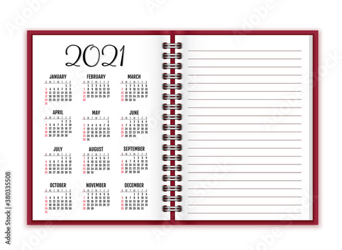 Notebook paper with calendar for 2021 vector background