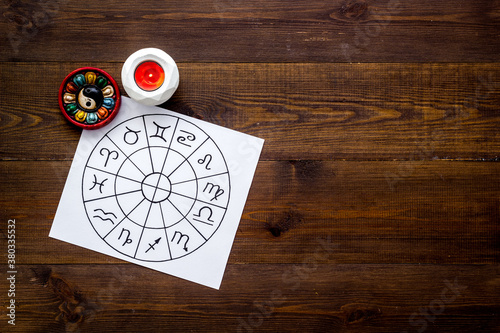 Fotografia Horoscope wheel of zodiac symbols on work place