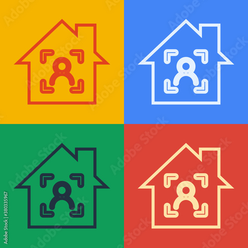 Pop art line Smart home with face recognition icon isolated on color background. Face identification scanner icon. Facial id. Cyber security concept. Vector.