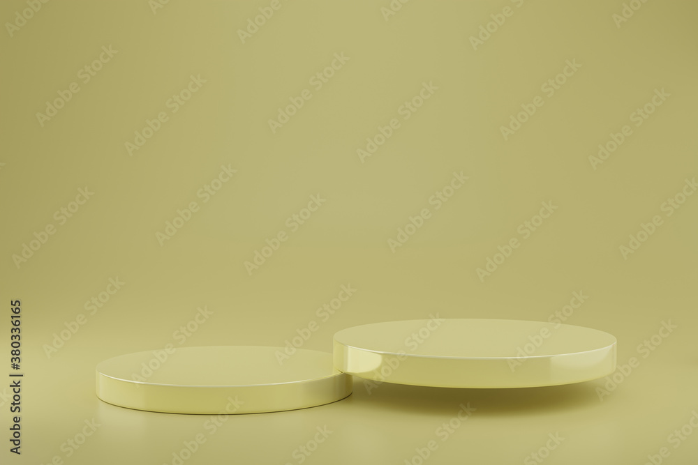 Cylinder podiums on yellow background. Abstract pedestal scene with geometrical. Scene to show cosmetic products presentation. Mock up design empty space. Showcase,shopfront,display case Cylinder podiums on yellow background. Abstract pedestal scene with geometrical. Scene to show cosmetic products presentation. Mock up design empty space. Showcase,shopfront,display case