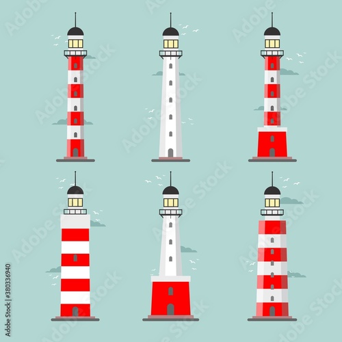 Vector set of cartoon flat lighthouses. Searchlight towers for maritime navigational guidance