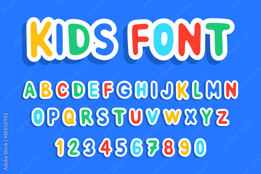 Kids font, alphabet, letters and numbers. flat style Kids font, alphabet, letters and numbers. flat style