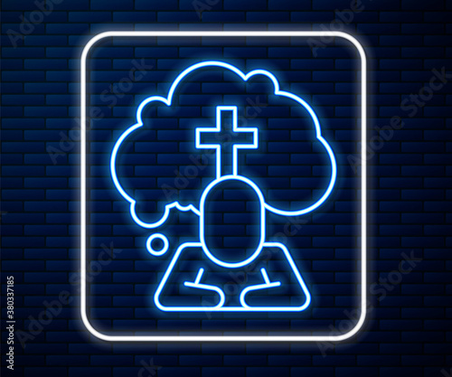 Glowing neon line Man graves funeral sorrow icon isolated on brick wall background. The emotion of grief, sadness, sorrow, death. Vector.