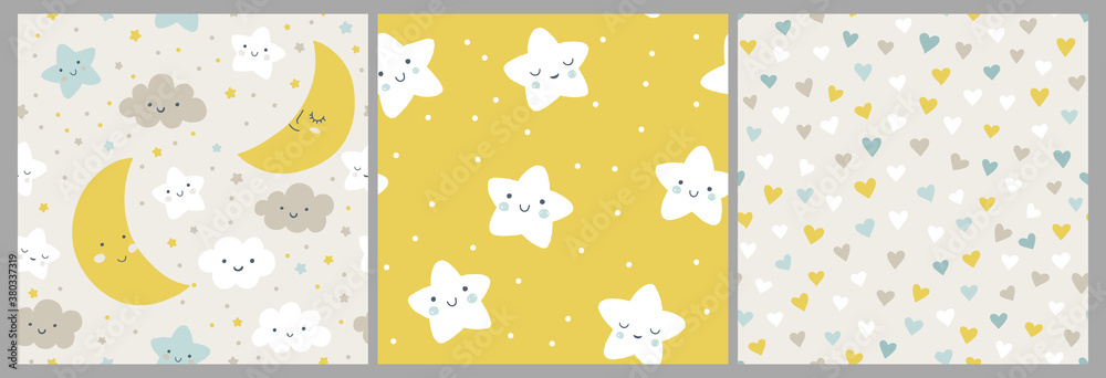 Cute night sky pattern set. Seamless vector design with smiling ...