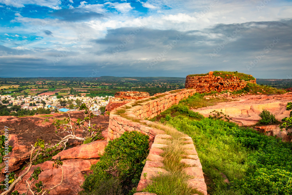 badami fort ancient architecture with leading trails and amazing sky from flat angle shot