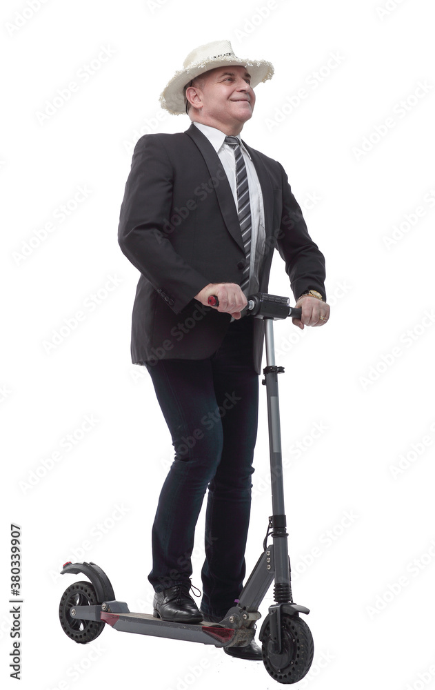 cheerful business man on an electric scooter giving a thumbs up cheerful business man on an electric scooter giving a thumbs up