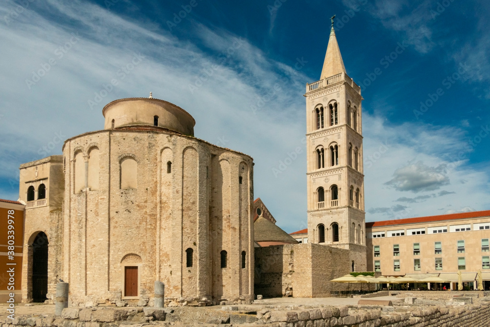 St. Donatus Church and the Bell Tower of Zadar cathedral, famous landmark of Croatia, adriatic region of Dalmatia. Remains of roman forum.