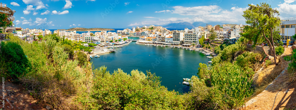 Agios Nikolaos, Greece - August 9, 2020 - View of the bay of Agios Nikolaos with the famous port