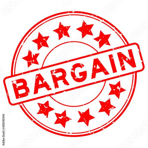 Grunge red bargain word with star icon round rubber seal stamp on white background