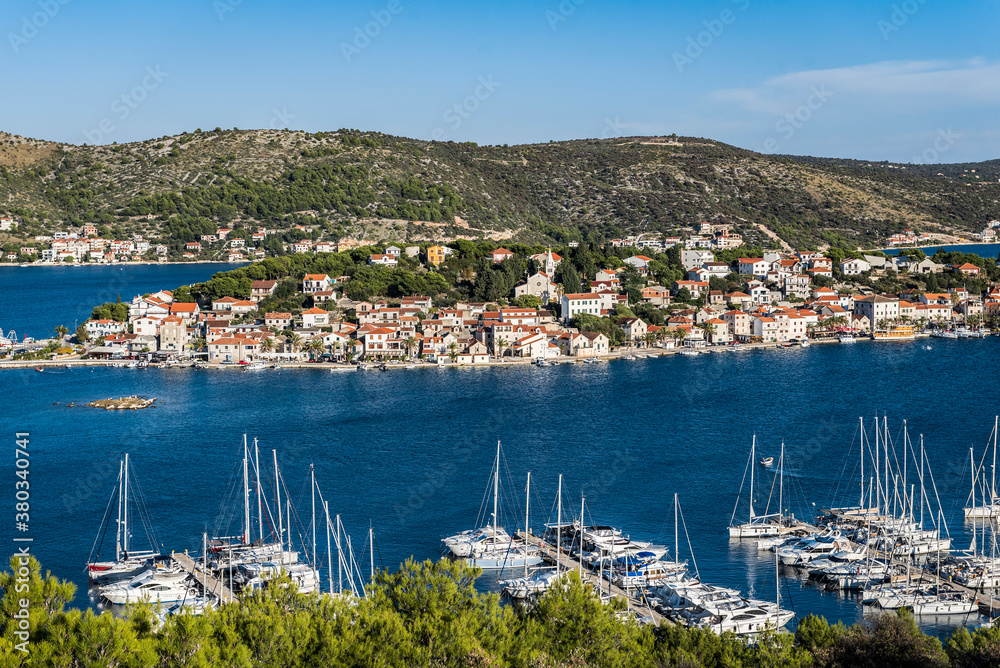 Top view of the bay, yachts and houses of Rogoznica town, Croatia