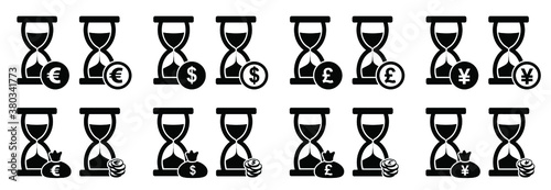 Money icon. Sand glass clock Icons Set. Hourglass, sandglass sign. Flat vector sand watch pictogram. Chronometer, deadline concept. Time interval signs