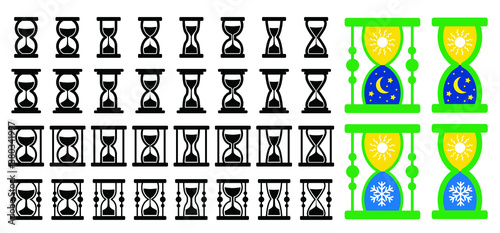 Sun, moon, day and night. Sand glass clock Icons Set. Hourglass, sandglass sign. Flat vector sand watch pictogram. Chronometer, deadline concept. Time interval signs.