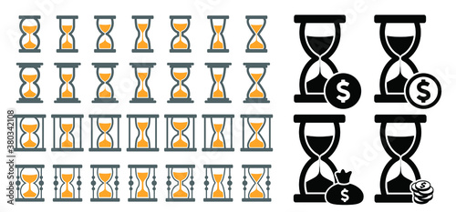 Dollar, money icon. Sand glass clock Icons Set. Hourglass, sandglass sign. Flat vector sand watch pictogram. Chronometer, deadline concept. Time interval signs