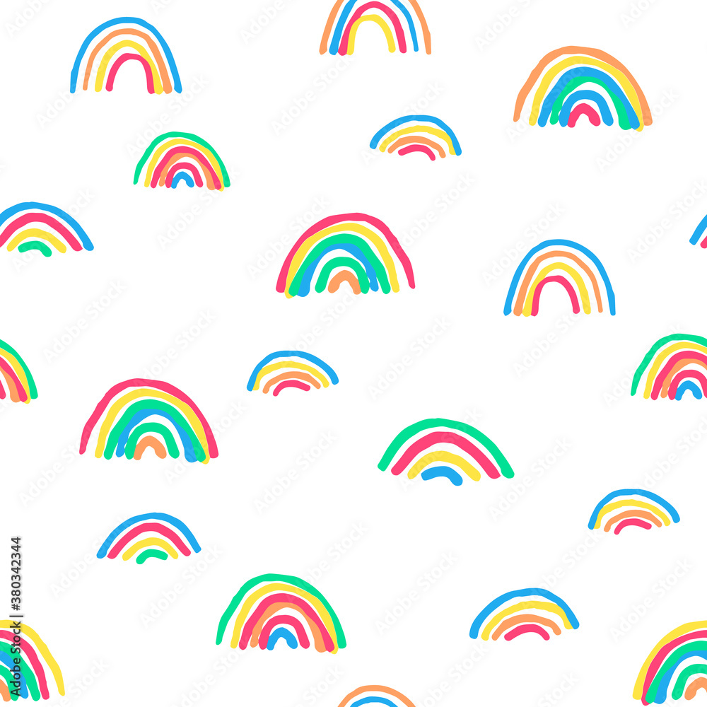 Fototapeta All over vector seamless repeat pattern in bright neon colors with sketched thin skinny sloppy marker rainbows on a white background