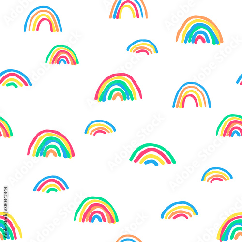 All over vector seamless repeat pattern in bright neon colors with sketched thin skinny sloppy marker rainbows on a white background