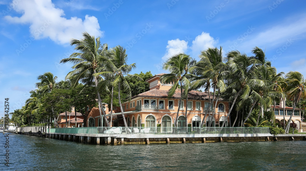 Colorful waterfront home on the Intracoastal waterways in Fort Lauderdale, Florida, USA.