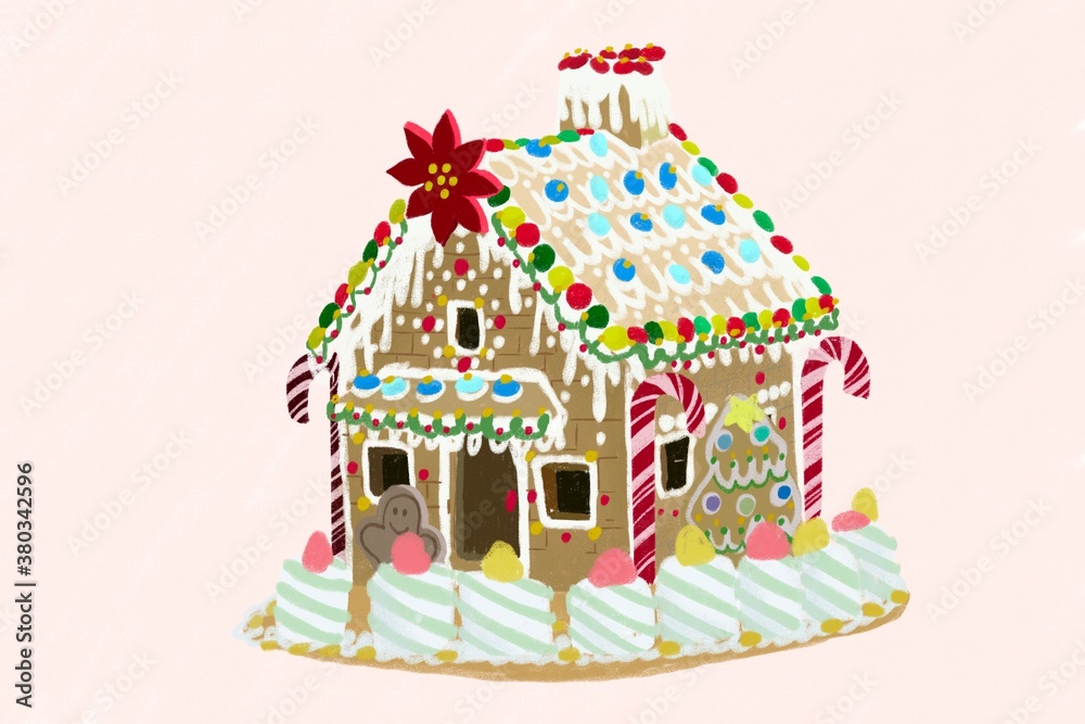 gingerbread house with a bunch of marmalade and candies, as well as marshmallows. new year and christmas card, sticker, decoration gingerbread house with a bunch of marmalade and candies, as well as marshmallows. new year and christmas card, sticker, decoration