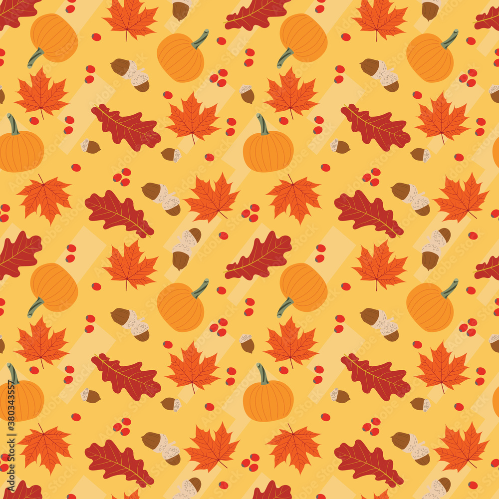 Oak and maple leaves, Acorns and berries and pumpkins seamless pattern to show the beauty of Autumn colors. Oak and maple leaves, Acorns and berries and pumpkins seamless pattern to show the beauty of Autumn colors.