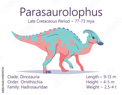 Parasaurolophus. Ornithischian dinosaur. Colorful vector illustration of prehistoric creature parasaurolophus and description of characteristics and period of life isolated on white background. Dino.