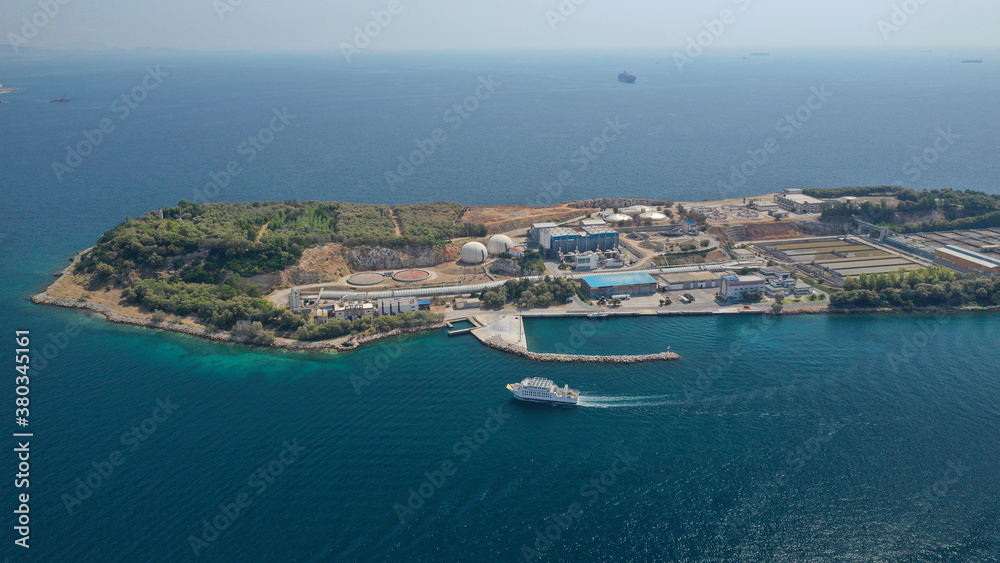 Aerial drone photo of small island of Psitaleia, a latest technology industrial sewage plant near port of Piraeus, Attica, Greece