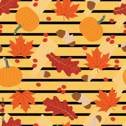 Oak and maple leaves, Acorns and berries and pumpkins seamless pattern to show the beauty of Autumn colors.