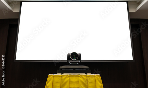 Close up camera video conferencing with mock up white screen (clipping path) photo