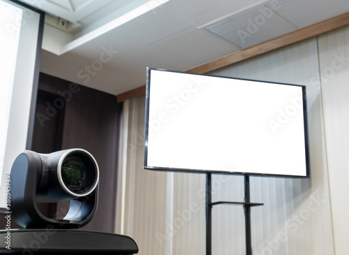 Close up camera video conferencing with mock up television (clipping path) photo