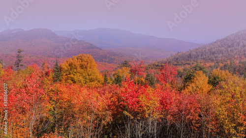 Colorful Maple and birch trees on rolling hills  in rural New Hampshire 