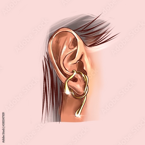 Ear with earring image, human body parts cartoon