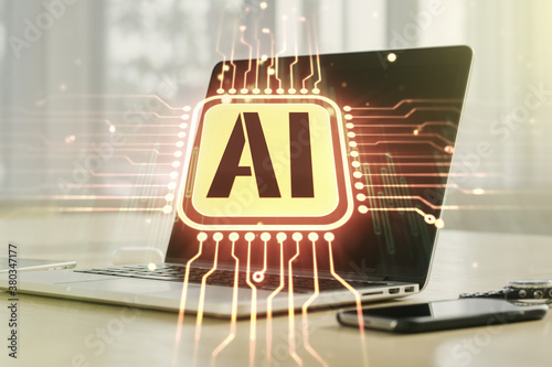 Creative artificial Intelligence symbol concept with modern laptop on background. Multiexposure