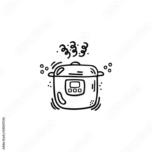 Slow cooker for cooking soup, rice, meat, Asian cuisine. Appliances. Convenient for a modern home. Hand drawing, vector, doodle. Menu, advertising, poster, banner.