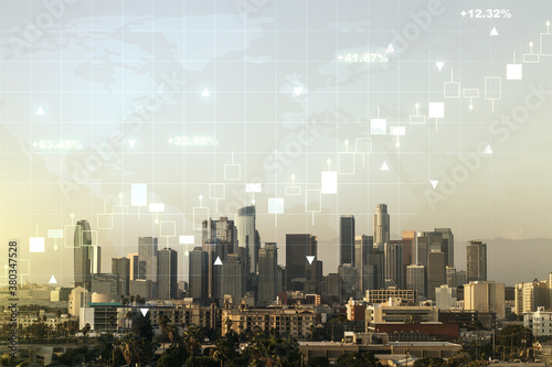 Abstract creative financial graph and world map on Los Angeles cityscape background, financial and trading concept. Multiexposure © Pixels Hunter