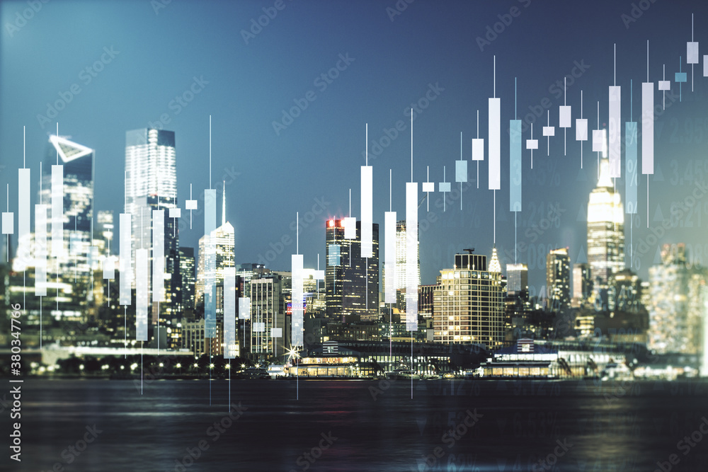 Obraz premium Multi exposure of virtual abstract financial graph interface on Manhattan cityscape background, financial and trading concept