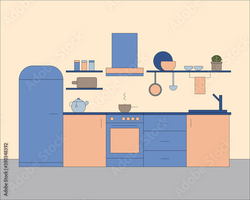 Furnished kitchen. Kitchen set with furniture. Flat style vector illustration. 