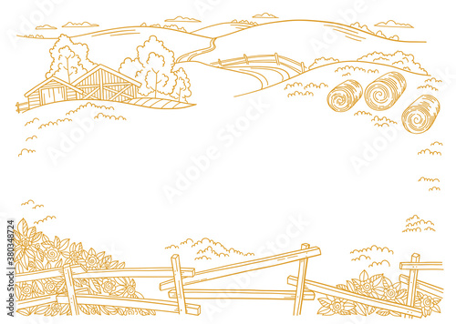 The farm. Place for your text. Hay fodder in the barnyard. Village rural countryside landscape. Rustic fence. Hand drawn sketch. Contour vector line. Copy space.